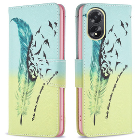 Cu clapetă pentru Oppo A38 4G / Oppo A18 4G, Wallet, Feather albastru / galben