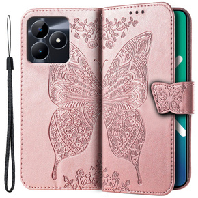 Cu clapetă pentru Realme C51, Butterfly, roz rose gold