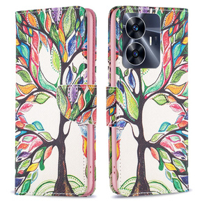 Cu clapetă pentru Realme C55, Wallet, tree of life, alb