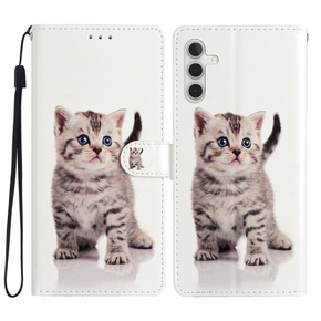 Cu clapetă pentru Samsung Galaxy A25 5G, Wallet, Cute Cat, alb + sticlă 9H