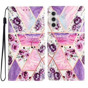 Cu clapetă pentru Samsung Galaxy A25 5G, Wallet, marble & flowers, roz + sticlă 9H