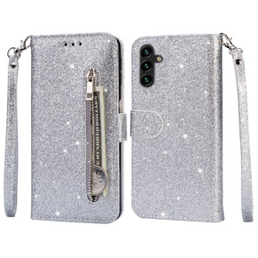 Cu clapetă pentru Samsung Galaxy A35 5G, Wallet Zipper Pocket Glittery, de argint