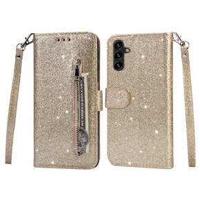 Cu clapetă pentru Samsung Galaxy A35 5G, Wallet Zipper Pocket Glittery, de aur