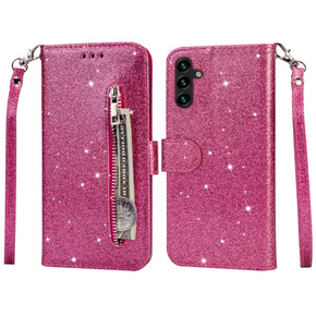 Cu clapetă pentru Samsung Galaxy A35 5G, Wallet Zipper Pocket Glittery, roz