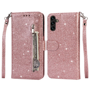 Cu clapetă pentru Samsung Galaxy A35 5G, Wallet Zipper Pocket Glittery, roz rose gold