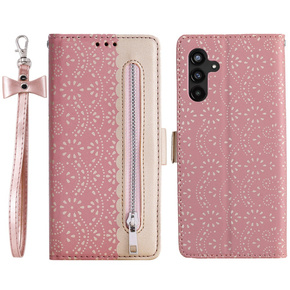 Cu clapetă pentru Samsung Galaxy A55 5G, Wallet Pocket, Zipper Lace, roz