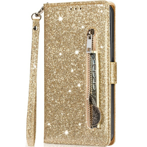 Cu clapetă pentru Samsung Galaxy A55, Wallet Zipper Pocket Glittery, de aur