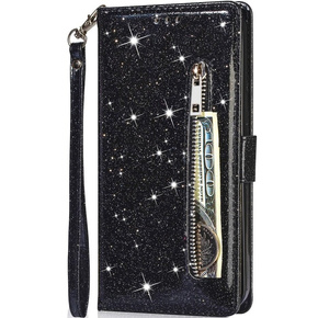 Cu clapetă pentru Samsung Galaxy A55, Wallet Zipper Pocket Glittery, negru