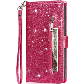 Cu clapetă pentru Samsung Galaxy A55, Wallet Zipper Pocket Glittery, roz