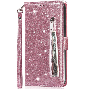 Cu clapetă pentru Samsung Galaxy A55, Wallet Zipper Pocket Glittery, roz rose gold