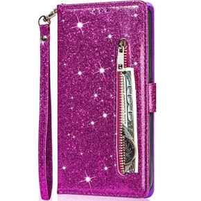 Cu clapetă pentru Samsung Galaxy A55, Wallet Zipper Pocket Glittery, violet