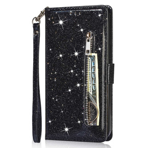 Cu clapetă pentru Samsung Galaxy S24 Ultra, Wallet Zipper Pocket Glittery, negru