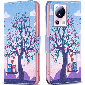 Cu clapetă pentru Xiaomi 13 Lite, Wallet, tree & owls, albastru