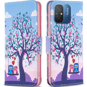 Cu clapetă pentru Xiaomi Redmi 12C, Wallet, tree & owls, albastru