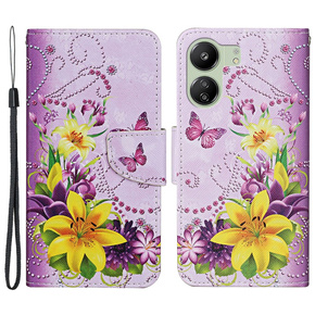 Cu clapetă pentru Xiaomi Redmi 13C / Poco C65, Wallet, Flowers and Butterflies, violet