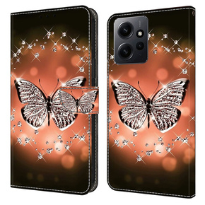 Cu clapetă pentru Xiaomi Redmi Note 12 4G, Wallet, butterfly and crystals, negru