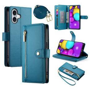 Cu clapetă pentru iPhone 16 Plus, Wallet Zipper Pocket, albastru