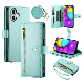 Cu clapetă pentru iPhone 16 Plus, Wallet Zipper Pocket, verde