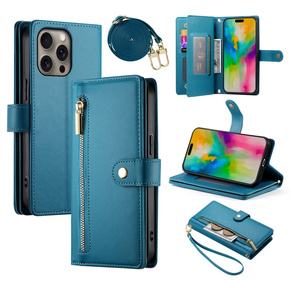 Cu clapetă pentru iPhone 16 Pro Max, Wallet Zipper Pocket, albastru