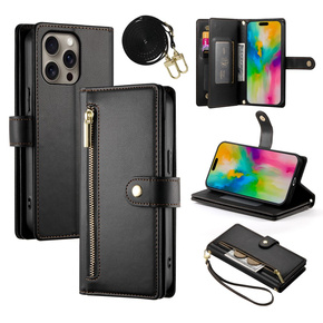 Cu clapetă pentru iPhone 16 Pro Max, Wallet Zipper Pocket, negru