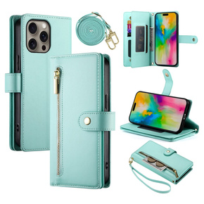 Cu clapetă pentru iPhone 16 Pro Max, Wallet Zipper Pocket, verde