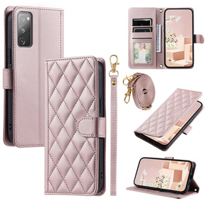 Husă cu clapetă pentru Samsung Galaxy S20 FE, Rhombus Crossbody Leather, roz rose gold