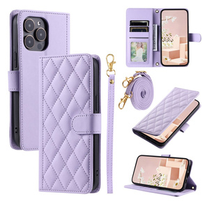 Husă cu clapetă pentru iPhone 16 Pro Max, Rhombus Crossbody Leather, violet