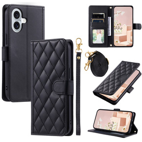 Husă cu clapetă pentru iPhone 16, Rhombus Crossbody Leather, negru