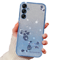 Husă pentru Samsung Galaxy A15, Glitter Flower, albastru + sticlă 9H