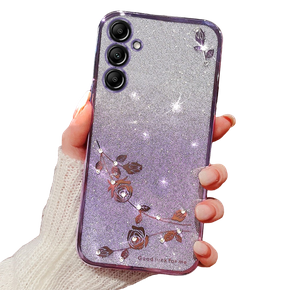 Husă pentru Samsung Galaxy A15, Glitter Flower, violet + sticlă 9H