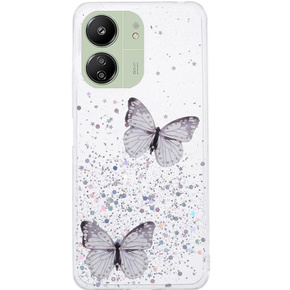 Husă pentru Xiaomi Redmi 13C / Poco C65, Glitter Butterfly, alb