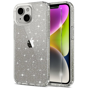 Husă pentru iPhone 13 / 14, Silicon Glitter, transparentă + sticlă 9H