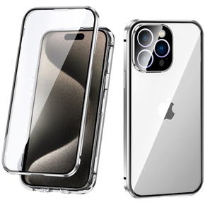 Husa pentru iPhone 15 Pro, Magnetic Dual Glass, de argint