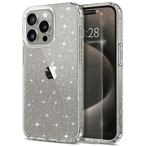 Husă pentru iPhone 15 Pro, Silicon Glitter, transparentă + sticlă 9H
