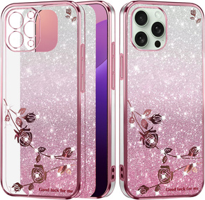 Husă pentru iPhone 16 Pro, Glitter Flower, roz rose gold