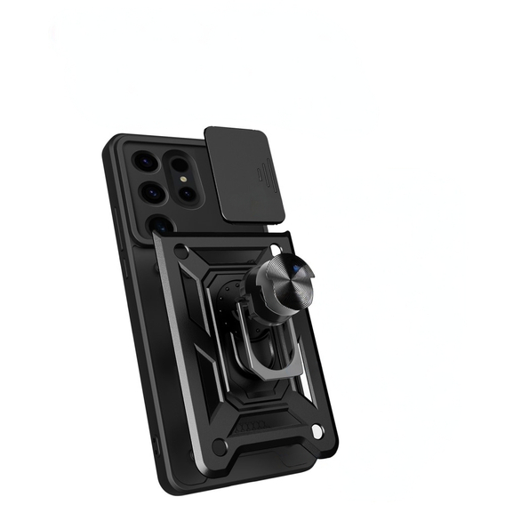 Carcasă blindată pentru Iphone 15 Pro Max, armată Slide Ring, negru + sticlă 9H