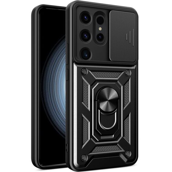 Carcasă blindată pentru Iphone 15 Pro Max, armată Slide Ring, negru + sticlă 9H