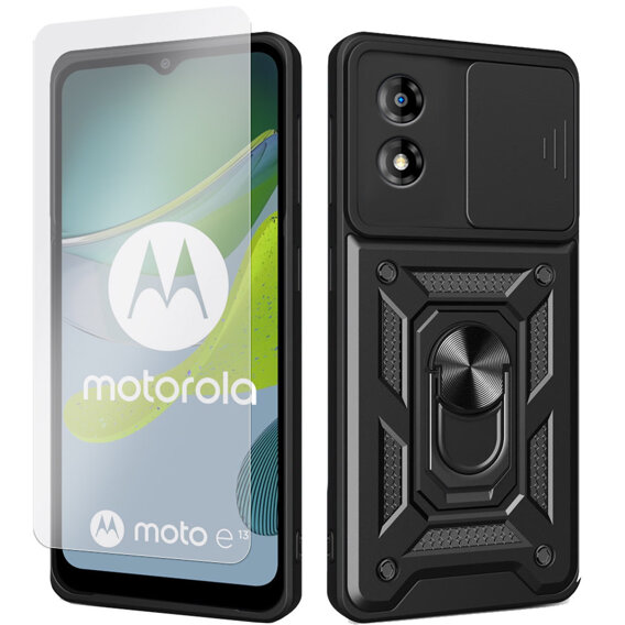 Carcasă blindată pentru Motorola Moto E13, armată Slide Ring, negru + sticlă 9H