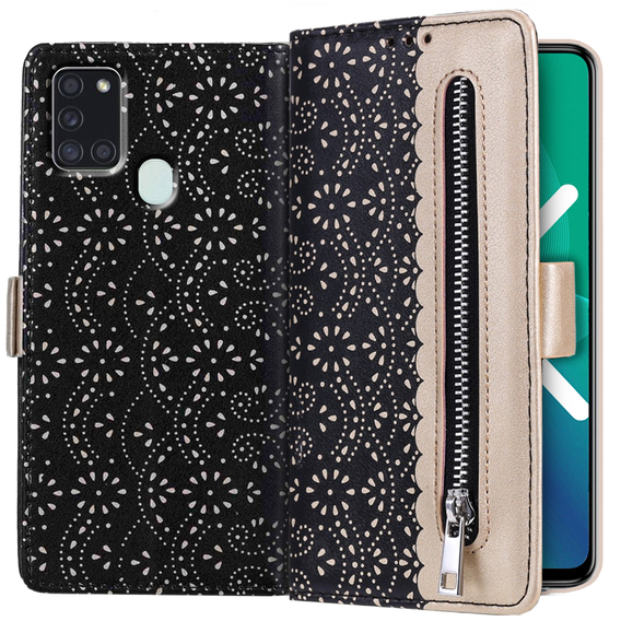 Carcasă cu clapetă pentru Samsung Galaxy A21S, Wallet Pocket Zipper Lace, negru