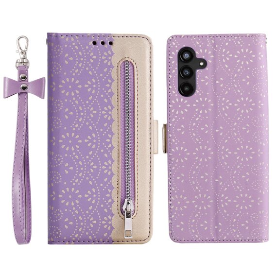 Carcasă cu clapetă pentru Samsung Galaxy A25 5G, Wallet Pocket Zipper Lace, violet