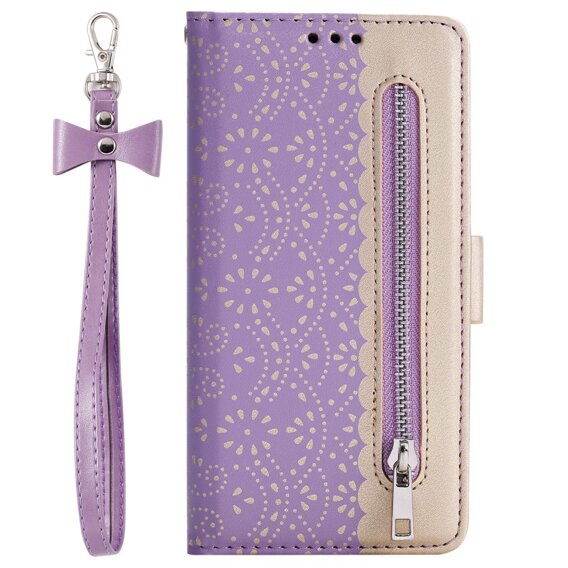 Carcasă cu clapetă pentru Samsung Galaxy A35 5G, Wallet Pocket Zipper Lace, violet