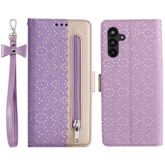 Carcasă cu clapetă pentru Samsung Galaxy A35 5G, Wallet Pocket Zipper Lace, violet