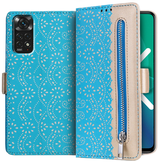 Carcasă cu clapetă pentru Xiaomi Redmi Note 11 4G / Note 11S 4G, Wallet Pocket Zipper Lace, albastru