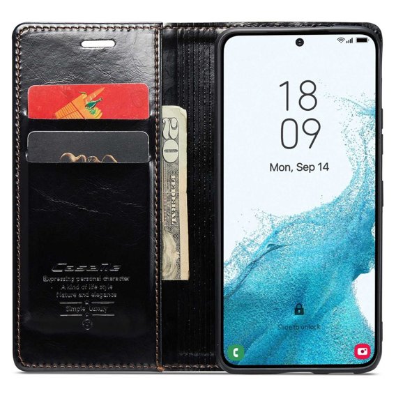 Carcasă flip CASEME pentru Samsung Galaxy S22, Waxy Textured, negru