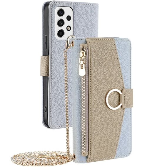 Carcasă flip pentru Samsung Galaxy A53 5G, Wallet Zipper Pocket, cu oglindă, albastru