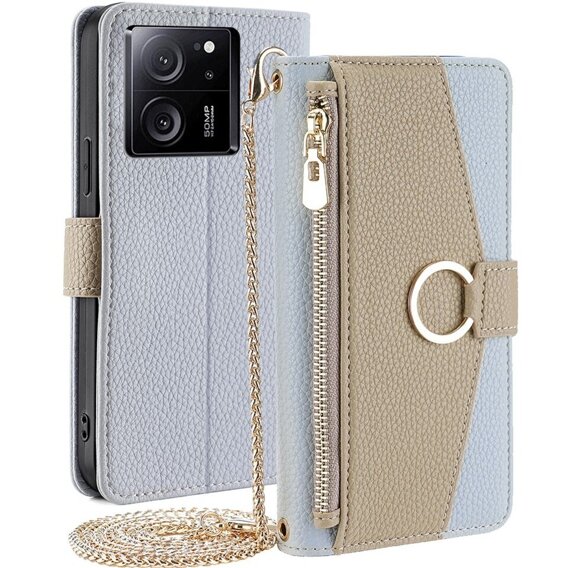 Carcasă flip pentru Xiaomi 13T / 13T Pro / Redmi K60 Ultra, Wallet Zipper Pocket, cu oglindă, albastru