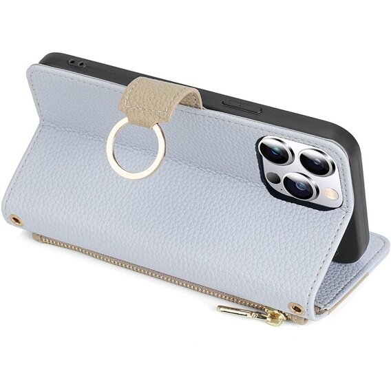 Carcasă flip pentru iPhone 15 Pro Max, Wallet Zipper Pocket, cu oglindă, albastru