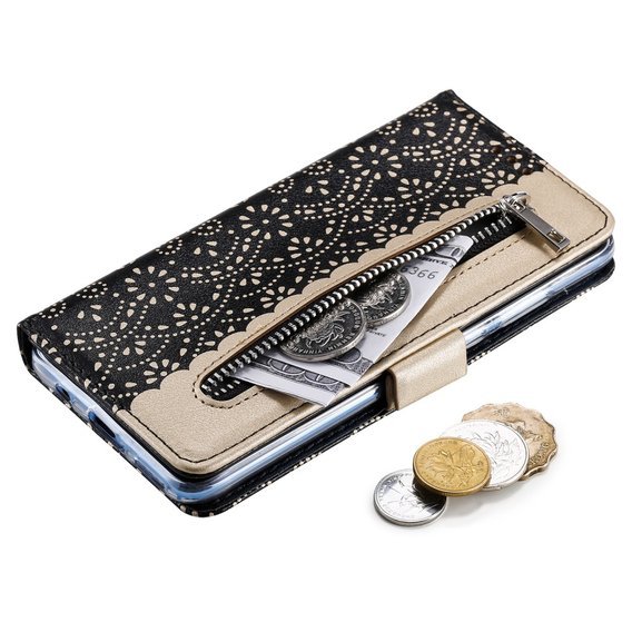 Cu clapetă pentru Huawei P30 Lite, Wallet Zipper Lace Case, negru