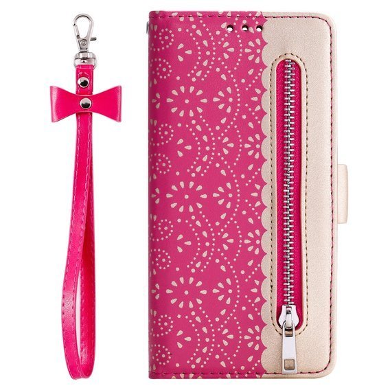 Cu clapetă pentru Huawei P30 Lite, Wallet Zipper Lace Case, roz