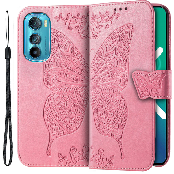 Cu clapetă pentru Motorola Edge 30, Butterfly, roz